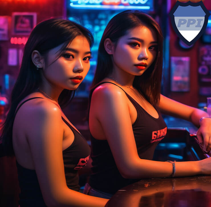 Two Pattaya bar girls wearing black tank tops