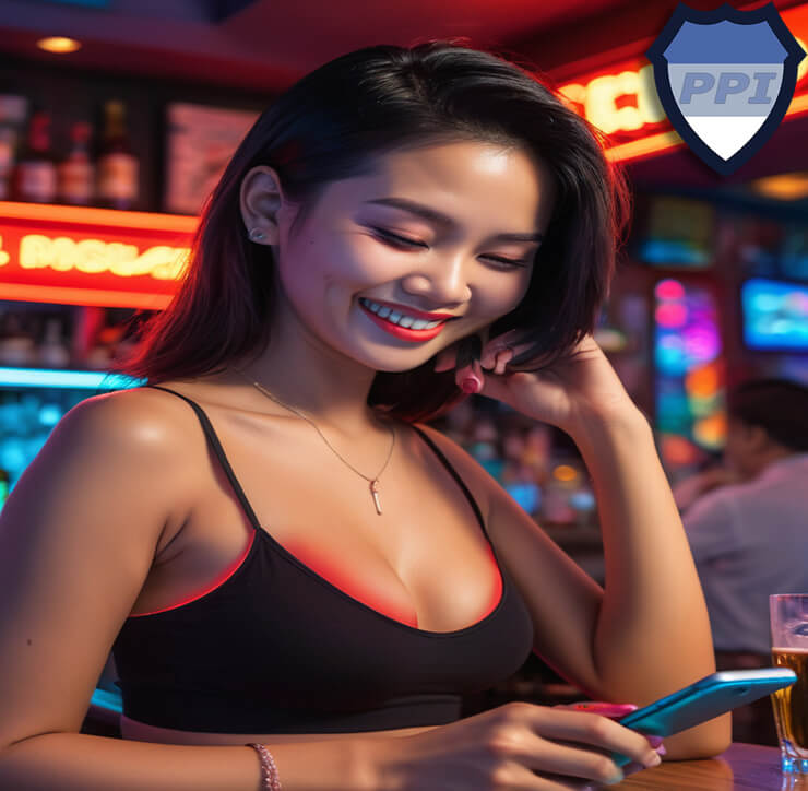 A lady looking at her phone while working in a bar