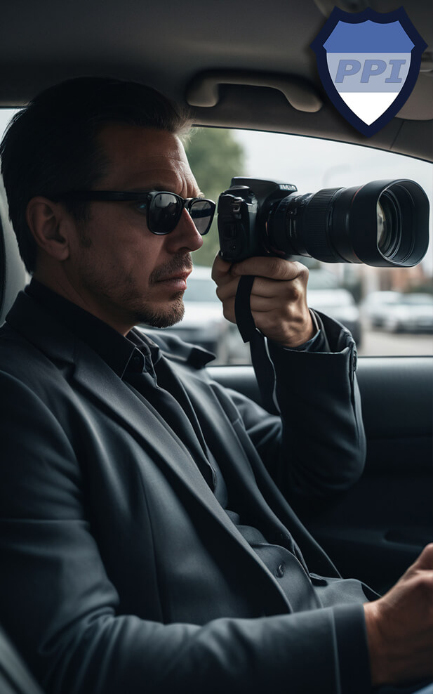 Private investigator taking photos from inside a car