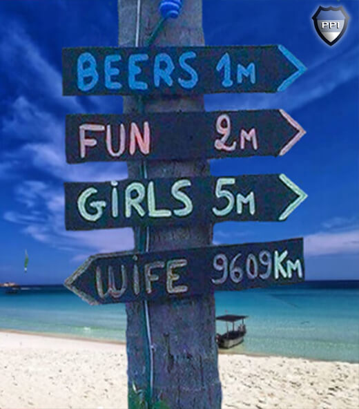 A sign for foreign tourists advertising beers, girls and fun, without your wife